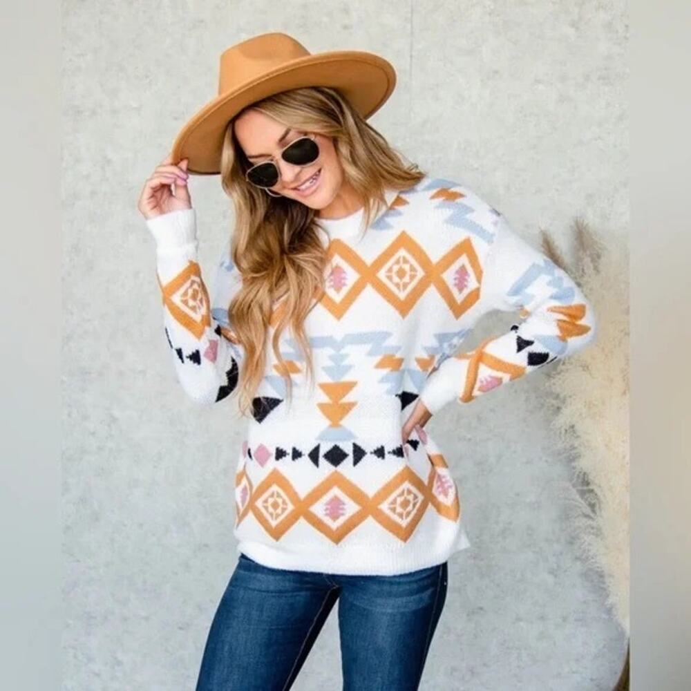 BOHME Audrey Aztec Southwestern Pattern Crewneck Sweater Size S Soft & Cozy - Picture 1 of 8